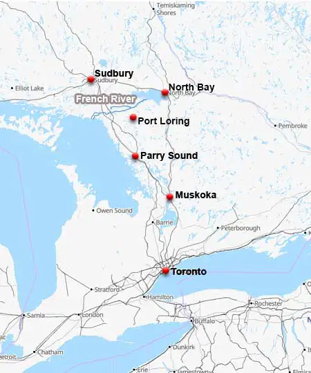 Map showing French River charter flight access in Ontario